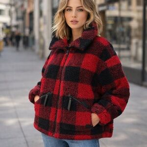Roots Buffalo Plaid Sherpa Jacket – Red & Black – Size M